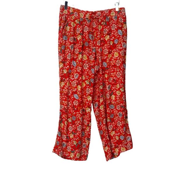 LOFT Pants Wide Leg Crop Elastic Tie Waist Orange Floral Women’s Size Medium - Picture 2 of 8